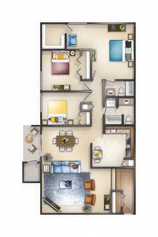 Floor plan for 3 beds, 2 baths, 1310 sqft